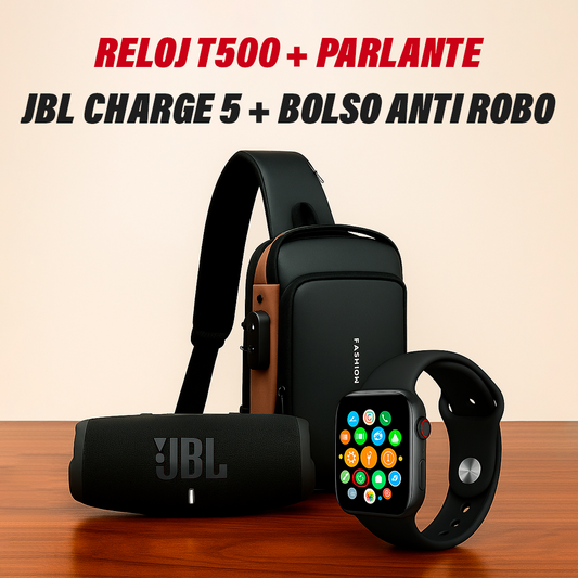BOLSO ANTIROBO+BAFLE CHARGE 5+RELOJ T500